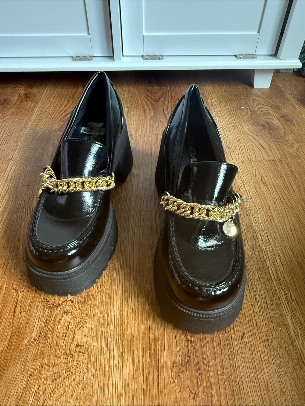 Soda Black Patent Loafers with Gold Chain Detail